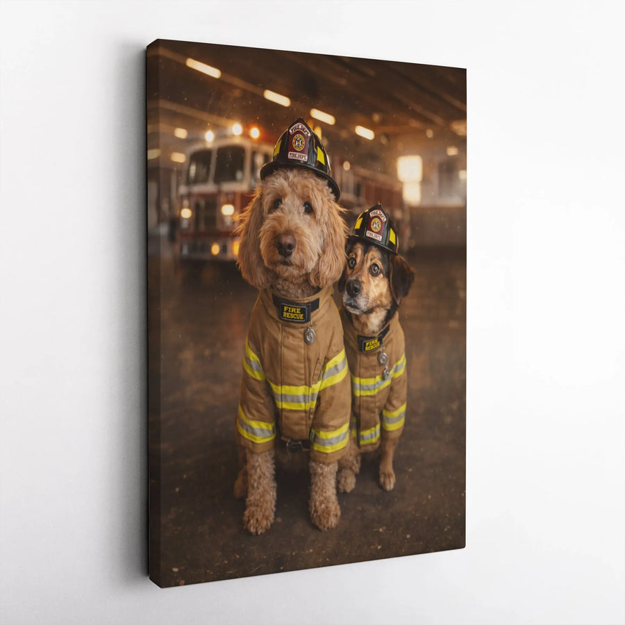 Firefighter Dogs Canvas Wall Art | Heroic K9 Fire Pups Portrait | Premium Gallery Wrap Canvas | Gift for Firefighter & Dog Lovers