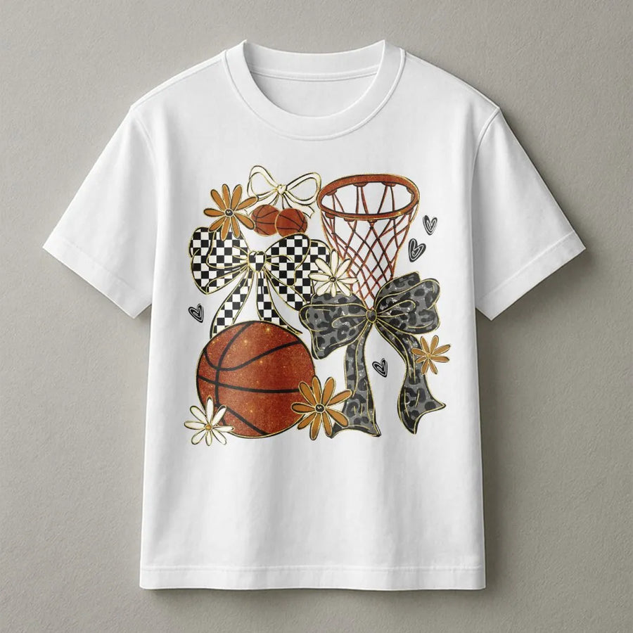 Coquette Basketball T-Shirt | Preppy Floral Bows and Hoops Design | Premium Cotton Comfort Tee | Trendy Game Day Apparel for Basketball Mom
