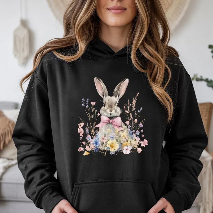 Easter Bunny Hoodie | Watercolor Wildflower Rabbit With Pink Bow | Premium Cotton Blend | Cute Spring Graphic Gift For Women & Teens