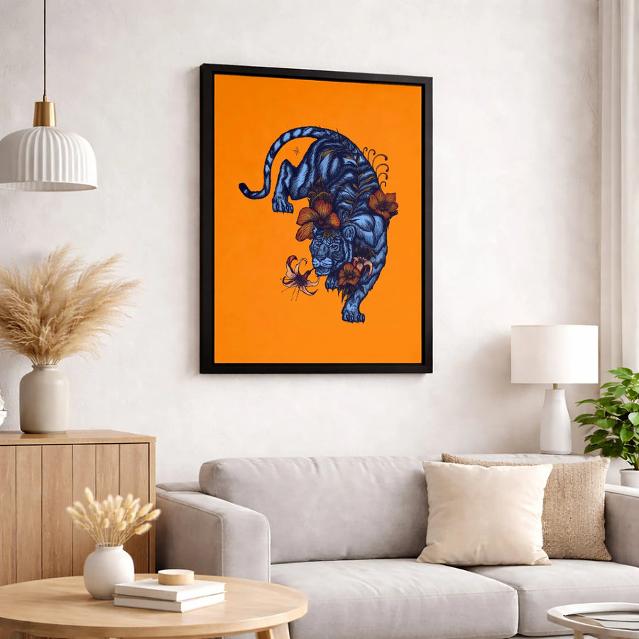 Blue Tiger Floral Canvas Wall Art | Botanical Animal Illustration | Premium Gallery Wrap Print | Modern Living Room Decor Gift