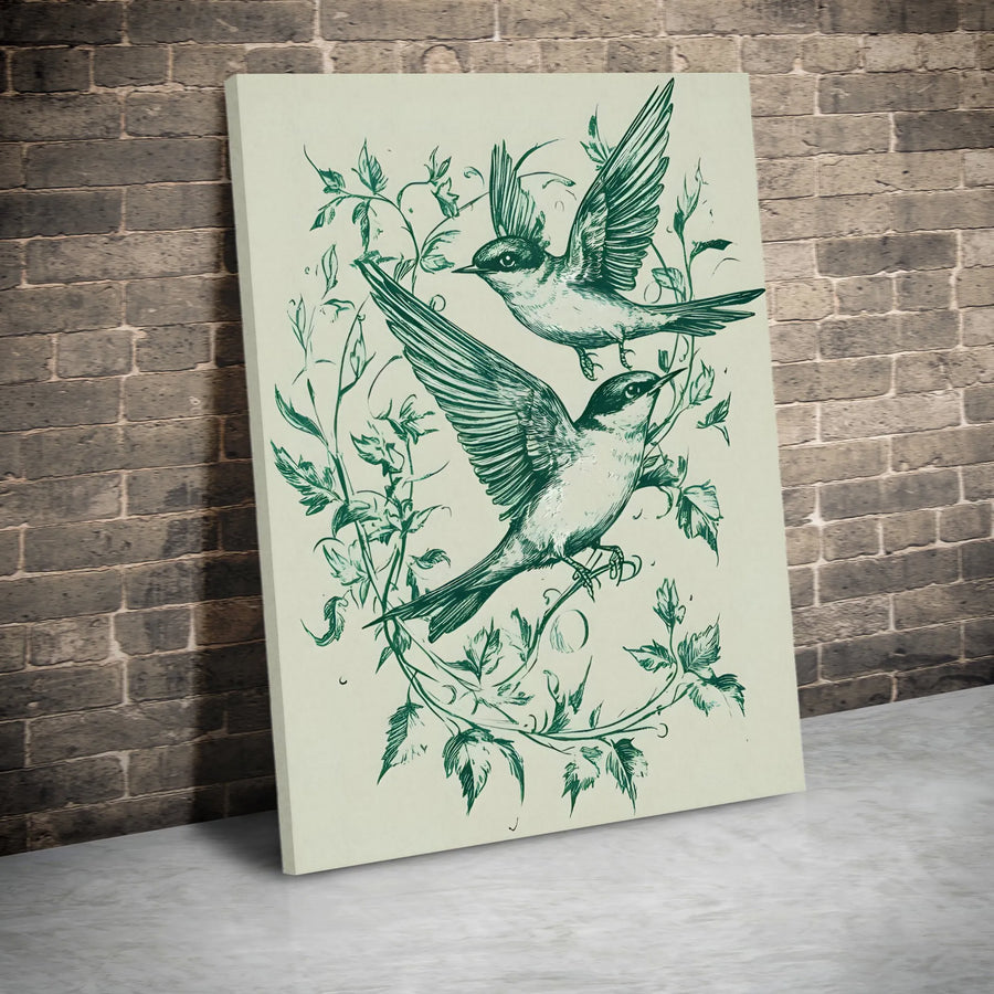 Flying Bird Wall Art | Botanical Linocut Style Illustration | Premium Gallery Wrapped Canvas | Nature Lover Home Decor Gift