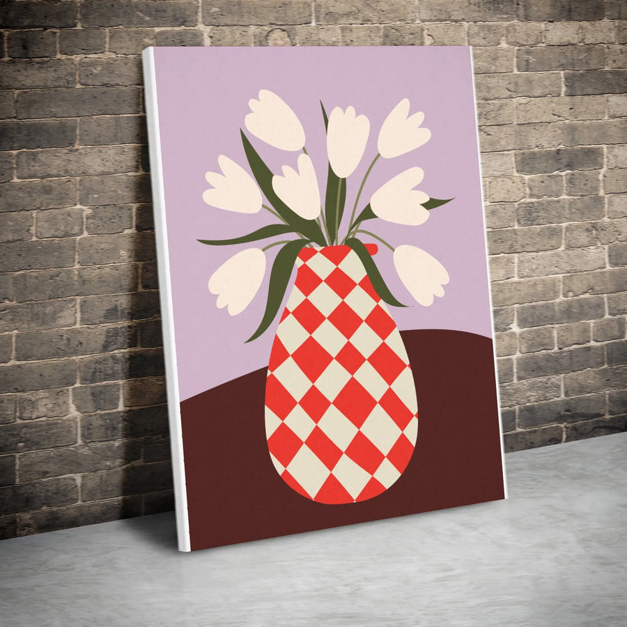 White Tulip Canvas Wall Art | Harlequin Checkered Vase Illustration | Premium 1.25" Gallery Wrap | Modern Kitchen & Living Room Decor Gift