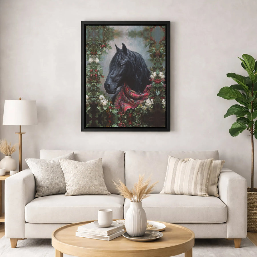 Black Horse Canvas Wall Art | Christmas Holiday Decor with Plaid Scarf | Premium Fade-Resistant Print | Equestrian Farmhouse Wall Decor Gift