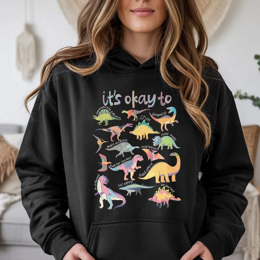 Autism Awareness Dinosaur Hoodie | It's Okay To Be Different Graphic | Soft Cotton-Poly Blend | Gift for Special Ed Teacher & Autism Mom