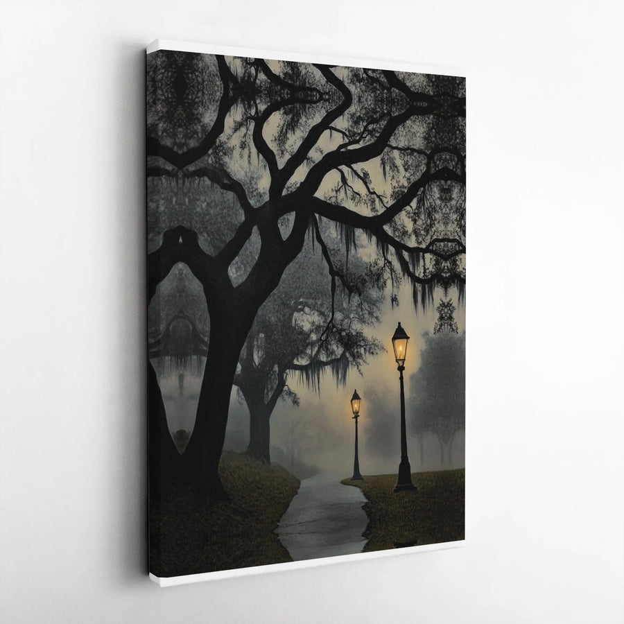 Southern Gothic Canvas Wall Art | Misty Oak Tree Path with Lampposts | Premium Gallery Wrap Print | Atmospheric Home Decor for Moody Interior Design