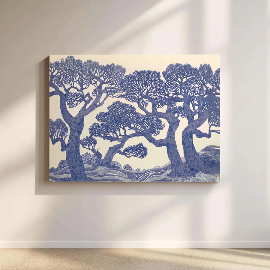 Blue Linocut Tree Landscape Canvas | Modern Woodblock Style Wall Art | Premium Gallery Wrapped Decor | Nature Lover Home Office Gift