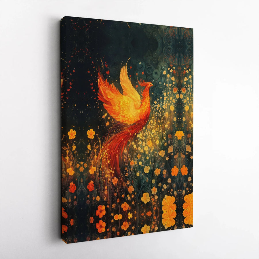 Phoenix Rising Canvas Wall Art | Glowing Fire Bird Botanical Print | Premium 1.25-Inch Gallery Wrap | Mythical Home Decor Gift