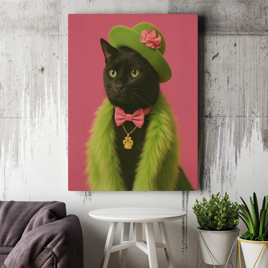 Black Cat Wall Art | Whimsical Pet Portrait with Green Fur Boa | Premium Gallery-Wrapped Canvas | Quirky Animal Lover Gift