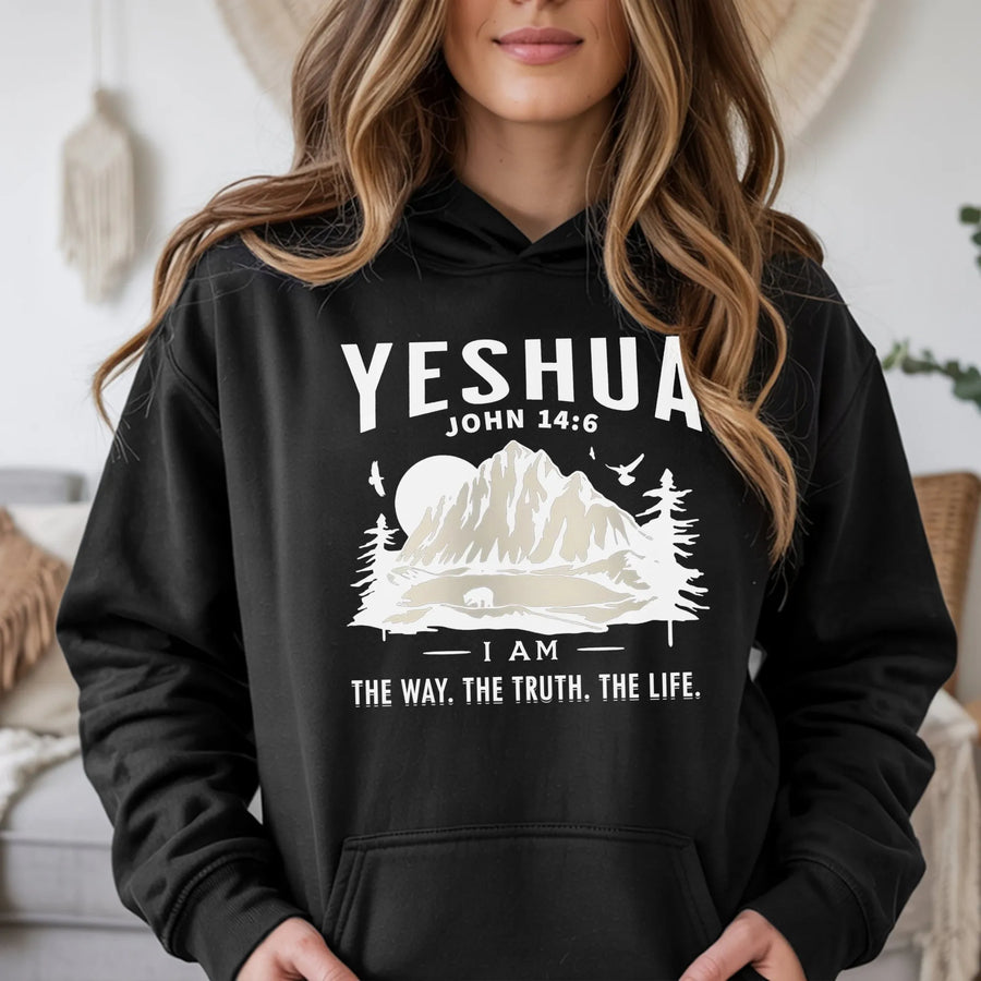 Yeshua Christian Hoodie | John 14:6 Bible Verse Mountain Nature Graphic | Premium Cotton Blend | Faith-Based Gift For Men And Women