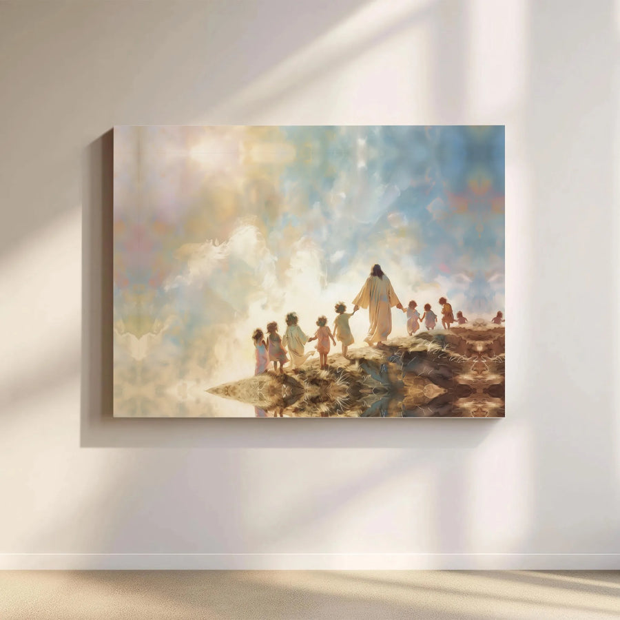 Jesus Leading Children Canvas Wall Art | Inspirational Watercolor Print | 1.25 Inch Gallery Wrap | Religious Home Decor Gift