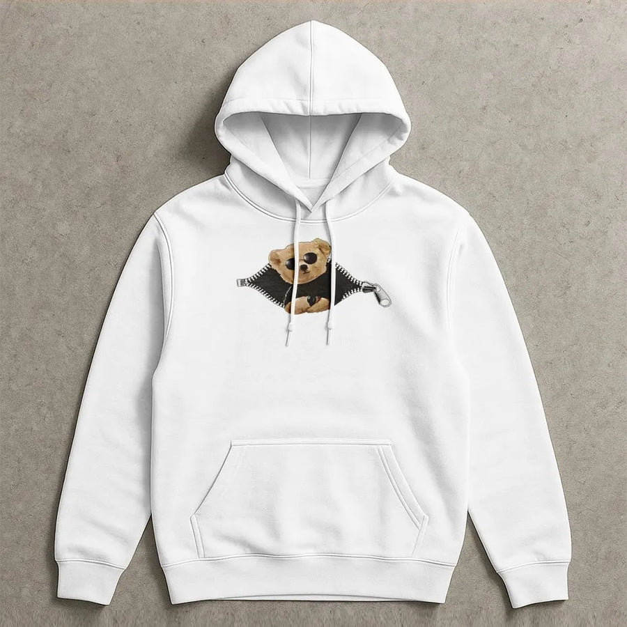 Cool Teddy Bear Hoodie | Zipper Reveal Graphic Print | Premium Cotton-Blend Fleece | Unisex Streetwear Gift for Animal Lovers