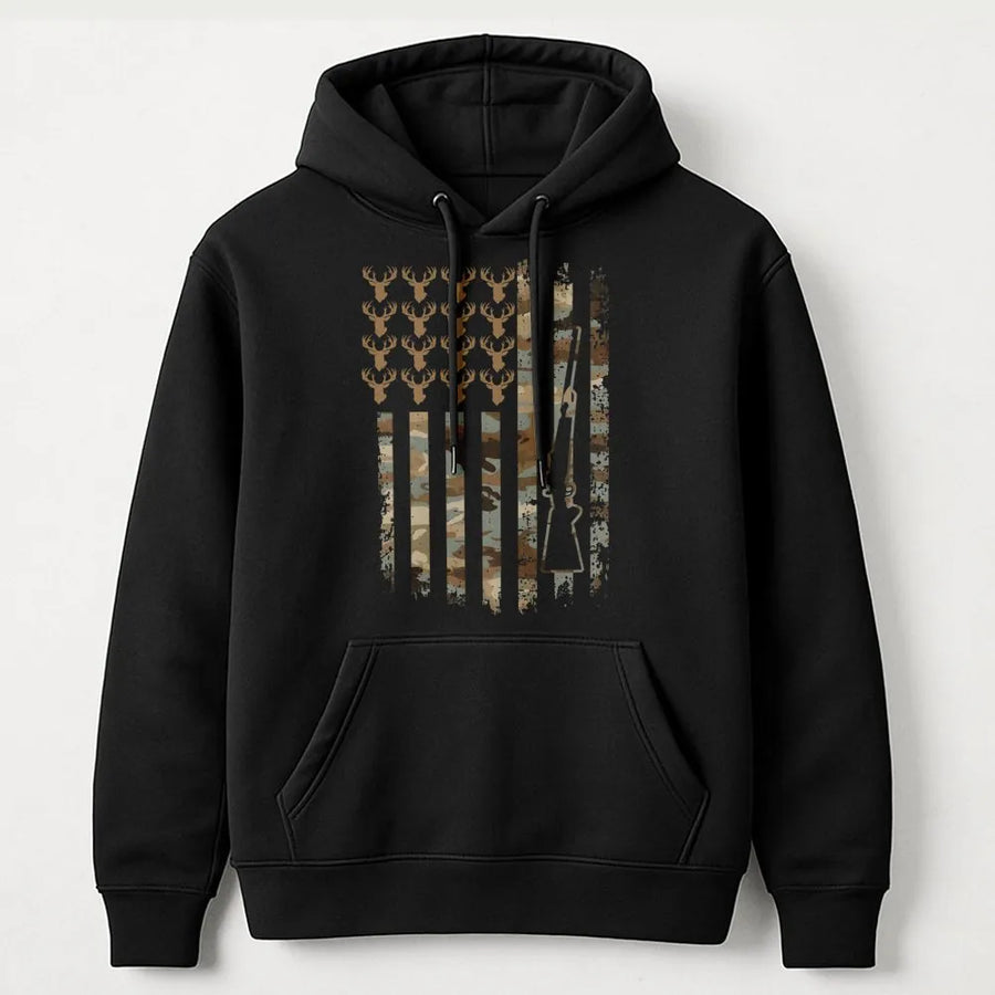 Hunting American Flag Hoodie | Camo Deer Antler and Rifle Graphic | Premium Cotton Blend | Gift for Outdoorsmen Hunters