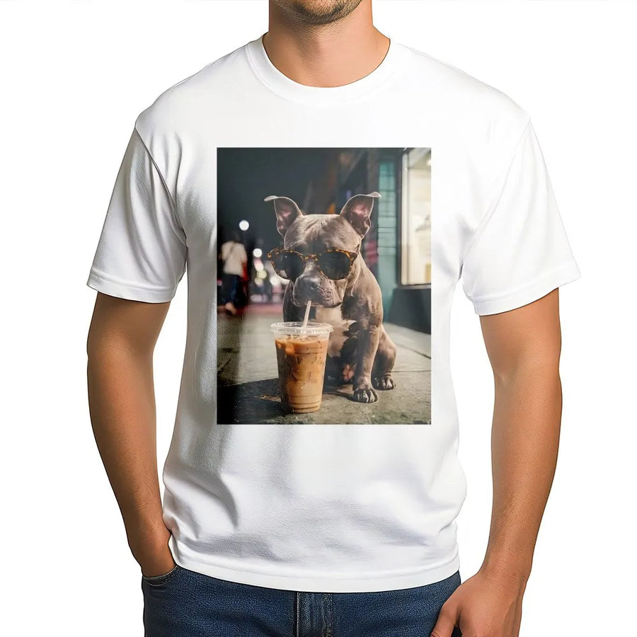 Pitbull T-Shirt | Funny Dog with Sunglasses Drinking Coffee Graphic | Premium Cotton Blend | Gift for Pitbull Mom & Dog Lover