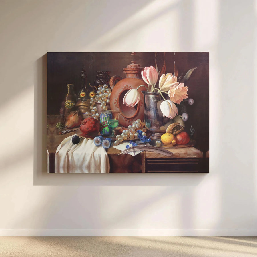 Still Life Oil Painting Print | Tulip and Fruit Arrangement | Premium Gallery Wrapped Canvas | Fine Art for Home and Office Decor