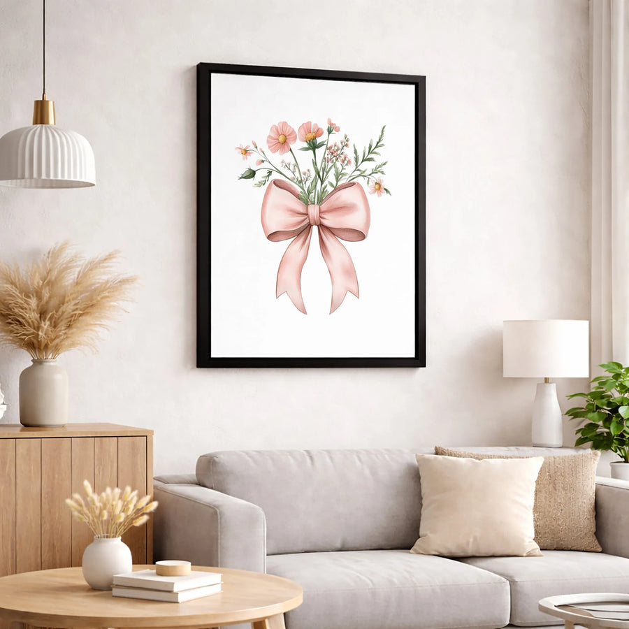 Watercolor Flower Bouquet Canvas Wall Art | Soft Pink Bow Aesthetic Print | Premium Gallery-Wrapped Decor | Elegant Floral Gift for Her