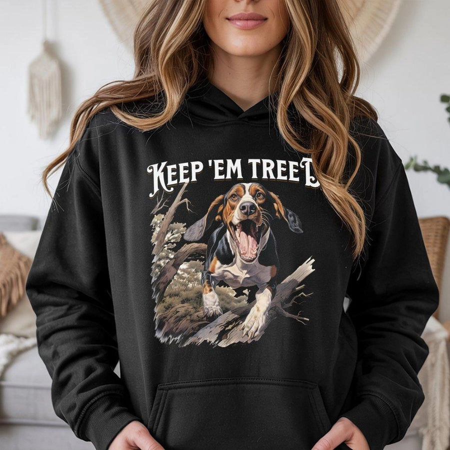 Keep Em Treed Hoodie | Coon Hunting Hound Dog Graphic | Premium Cotton Blend | Gift For Outdoorsmen And Hunters