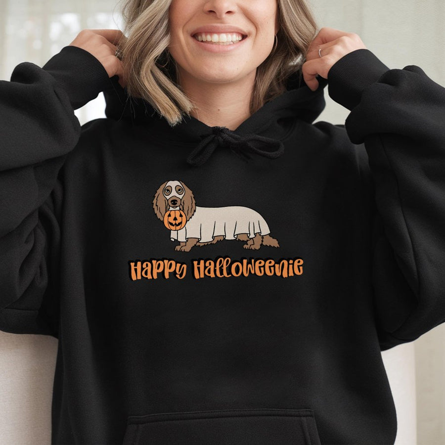 Happy Halloweenie Dachshund Hoodie | Cute Ghost Wiener Dog Graphic | Soft Cotton-Blend Premium Sweatshirt | Fun Halloween Gift For Dog Mom