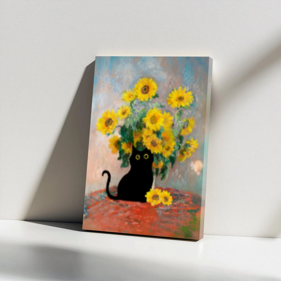 Black Cat Sunflower Canvas Art | Impressionist Floral Pet Portrait | Premium Gallery Wrap Decor | Whimsical Animal Lover Gift