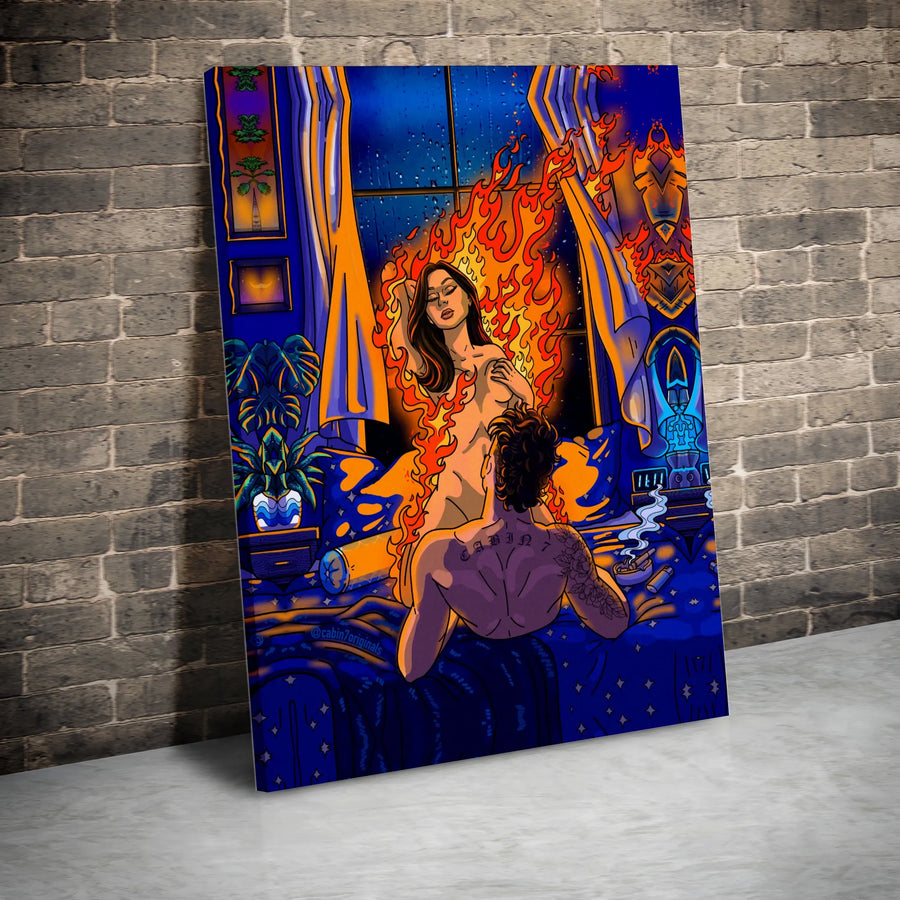 Passionate Couple Canvas Print | Romantic Bedroom Art Decor | Premium Fade-Resistant Gallery Wall | Artistic Lovers Fire Illustration