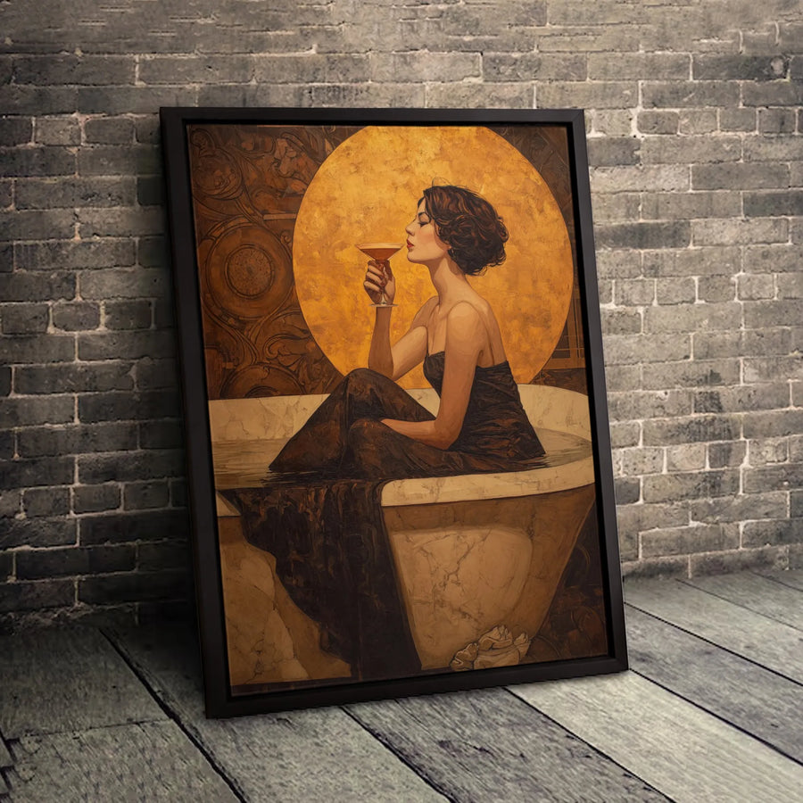 Art Nouveau Woman Bathtub Canvas Art | Elegant Gold Cocktail Portrait | 1.25-Inch Gallery Wrap | Sophisticated Home Decor Gift