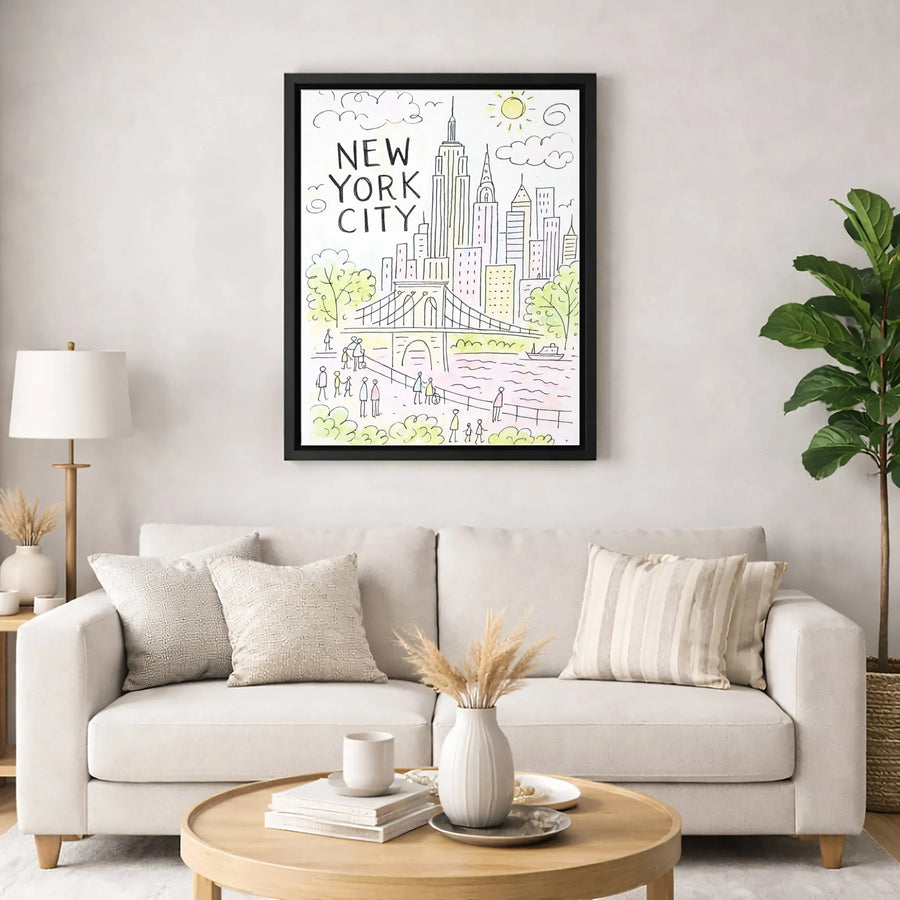 New York City Canvas Art | Hand-Drawn Sketch Skyline & Brooklyn Bridge | Premium 1.25-Inch Gallery Wrap | NYC Travel Gift for Home Decor