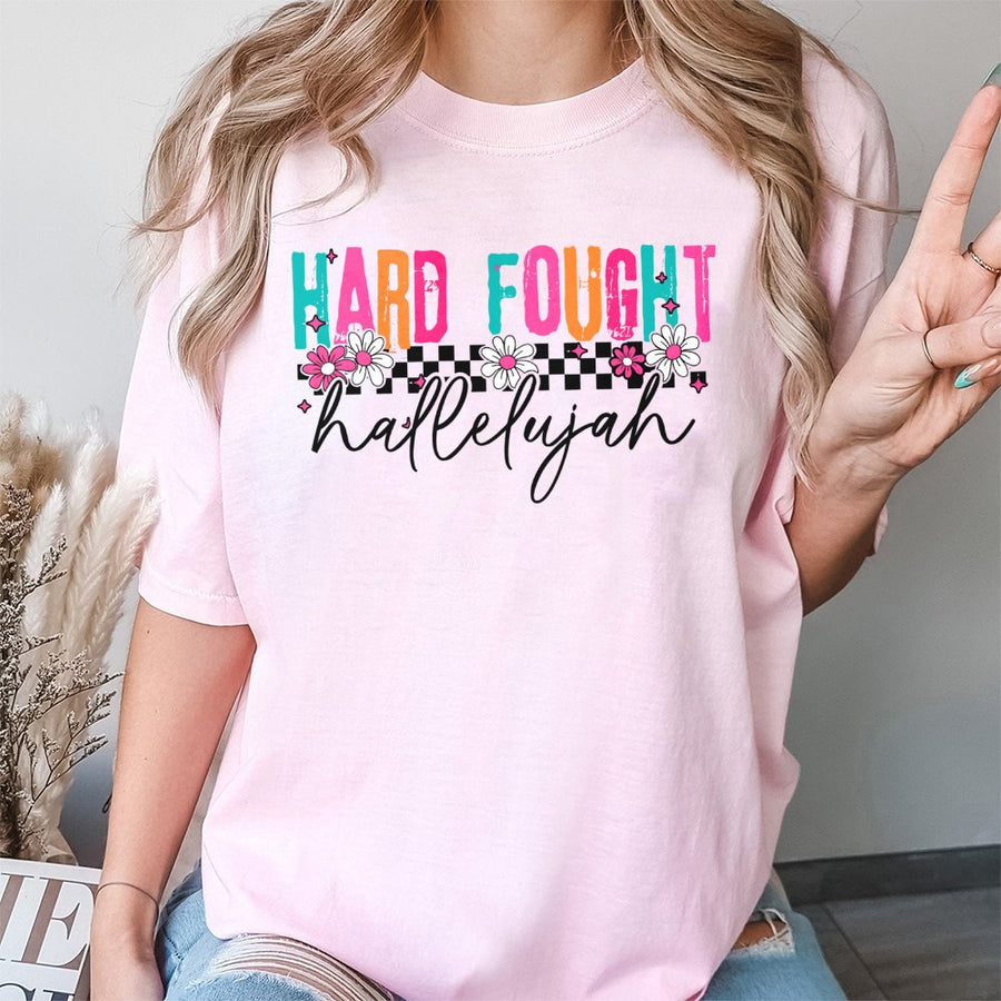 Hard Fought Hallelujah T-Shirt | Retro Floral Checkerboard Christian Graphic | Premium Soft Cotton Tee | Faith Based Gift For Believers