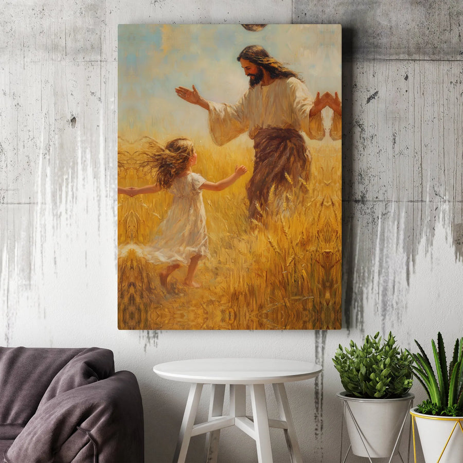 Jesus and Child Canvas Wall Art | Golden Wheat Field Painting | Premium Gallery Wrapped Decor | Christian Religious Gift for Nursery or Living Room