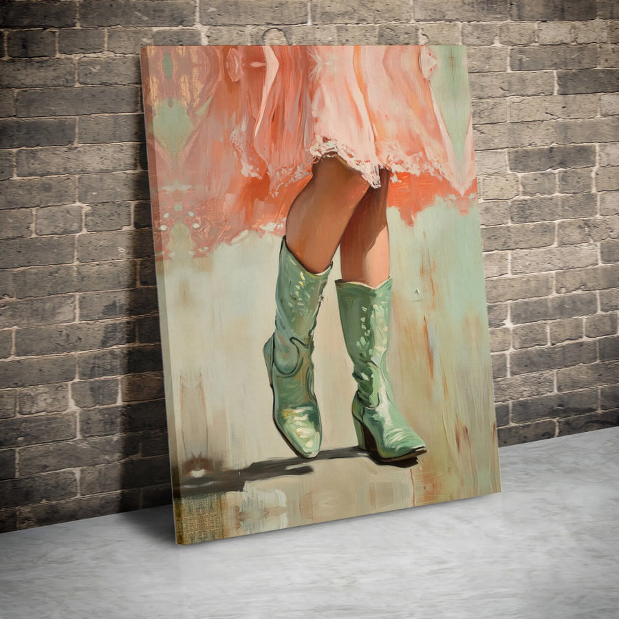 Western Cowboy Boots Canvas Wall Art | Pink Dress Oil Painting Style | Premium Gallery Wrap Decor | Modern Country Chic Home Gift