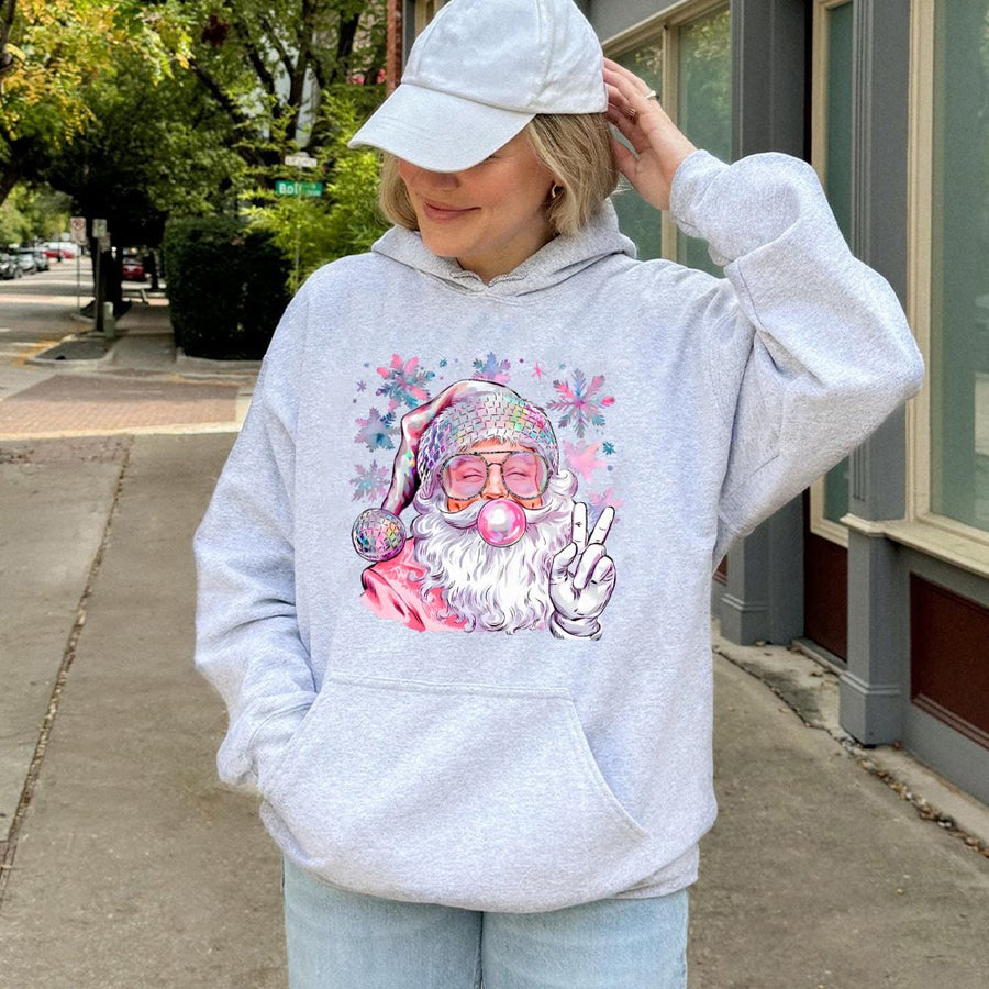Disco Santa Christmas Hoodie | Bubble Gum Santa Graphic Print | Cotton Blend Premium Sweatshirt | Festive Holiday Gift for Women