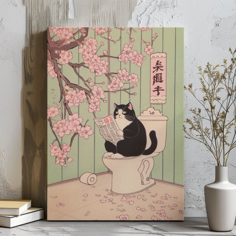 Japanese Ukiyo-E Cat Wall Art | Funny Toilet Bathroom Decor | Premium Gallery Wrap Canvas | Unique Gift for Cat Lovers & Home Office Decor