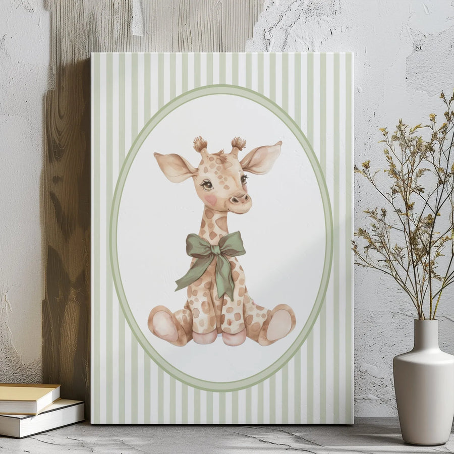 Baby Giraffe Canvas Wall Art | Watercolor Safari Nursery Decor | Sage Green Striped Gallery Wrap | Cute Animal Gift for Baby Shower