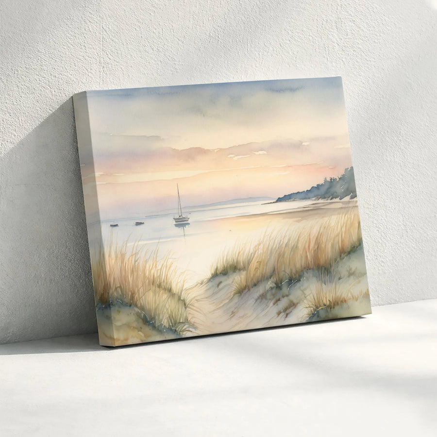 Coastal Seascape Canvas Print | Watercolor Sailboat at Sunset | Premium Gallery Wrap Canvas | Nautical Beach House Decor Gift