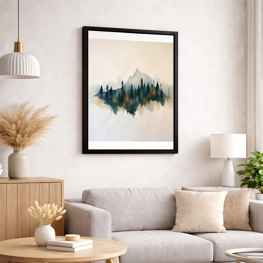 Misty Mountain Wall Art | Watercolor Pine Forest Reflection Canvas | Premium Gallery Wrap Print | Modern Landscape Home Decor Gift
