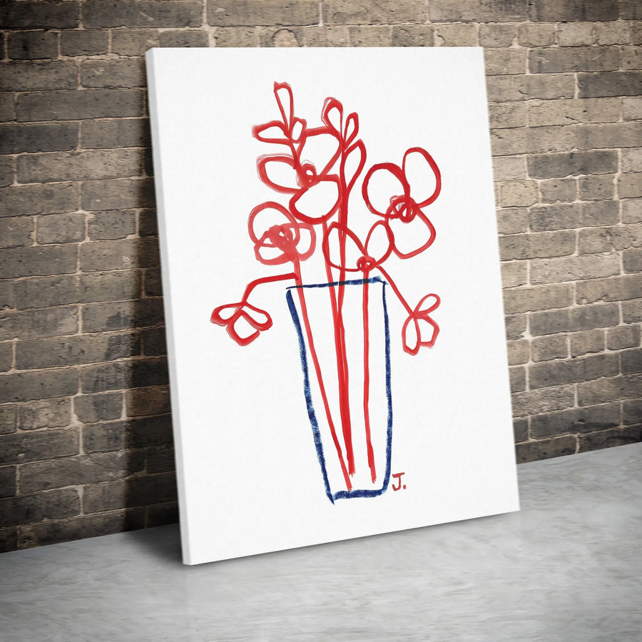 Abstract Floral Vertical Canvas | Minimalist Red and Blue Flower Line Art | Premium Thick Gallery Wrap Print | Modern Home Decor Gift