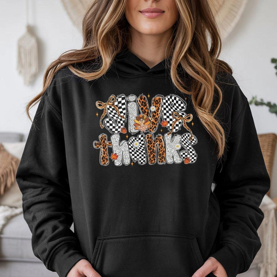 Give Thanks Thanksgiving Hoodie | Leopard Print Fall Graphic | Premium Cotton Blend | Unisex Autumn Gift For Her & Him