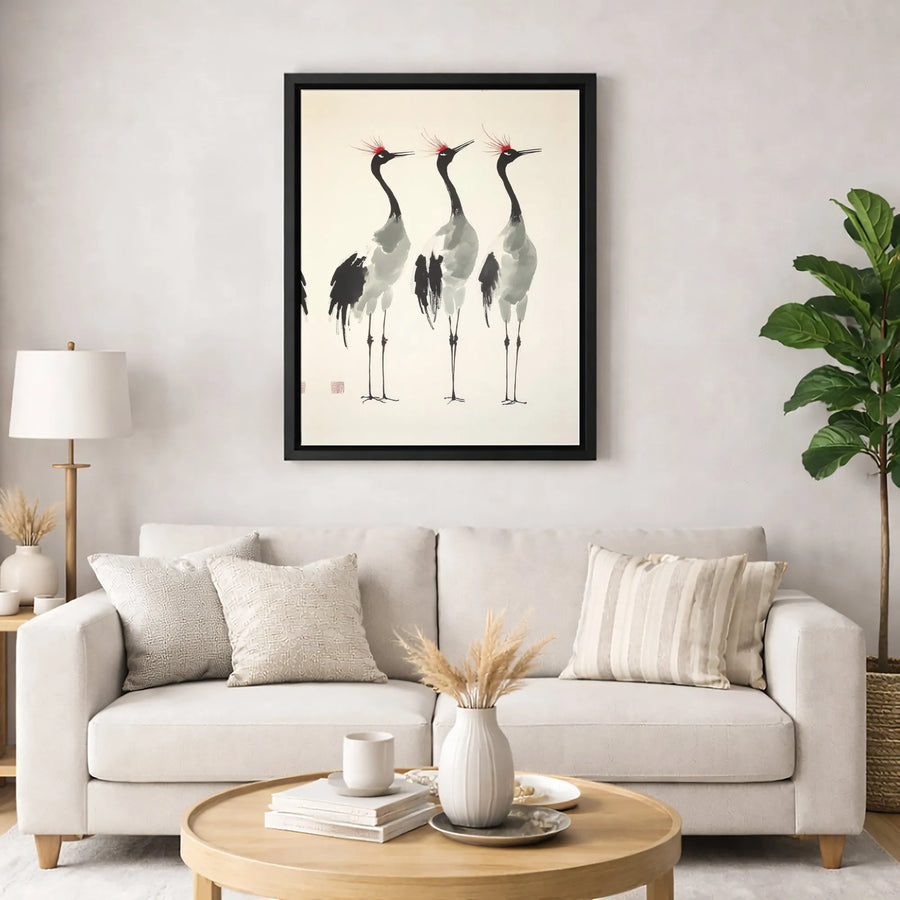 Japanese Red-Crowned Crane Canvas Wall Art | Minimalist Sumi-E Ink Wash Painting | Gallery-Quality 1.25" Profile | Zen Home Decor Gift