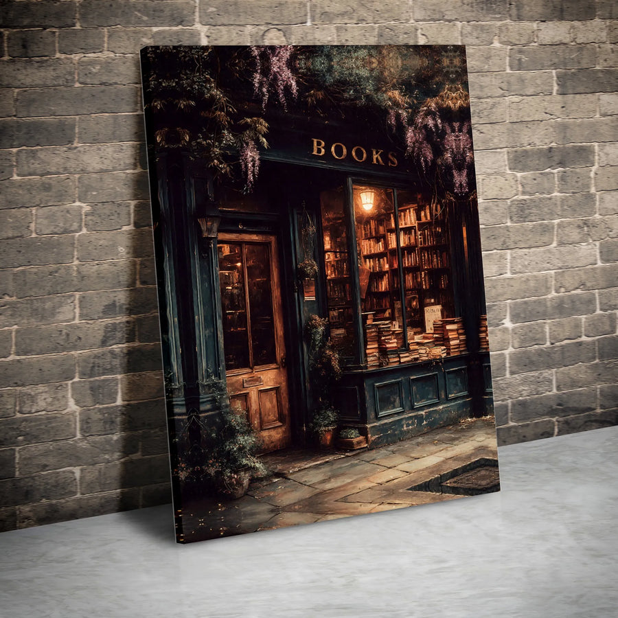 Cozy Bookshop Canvas Wall Art | Whimsical Wisteria Library Decor | Premium Gallery Wrap Print | Bookstore Aesthetic Gift for Book Lovers
