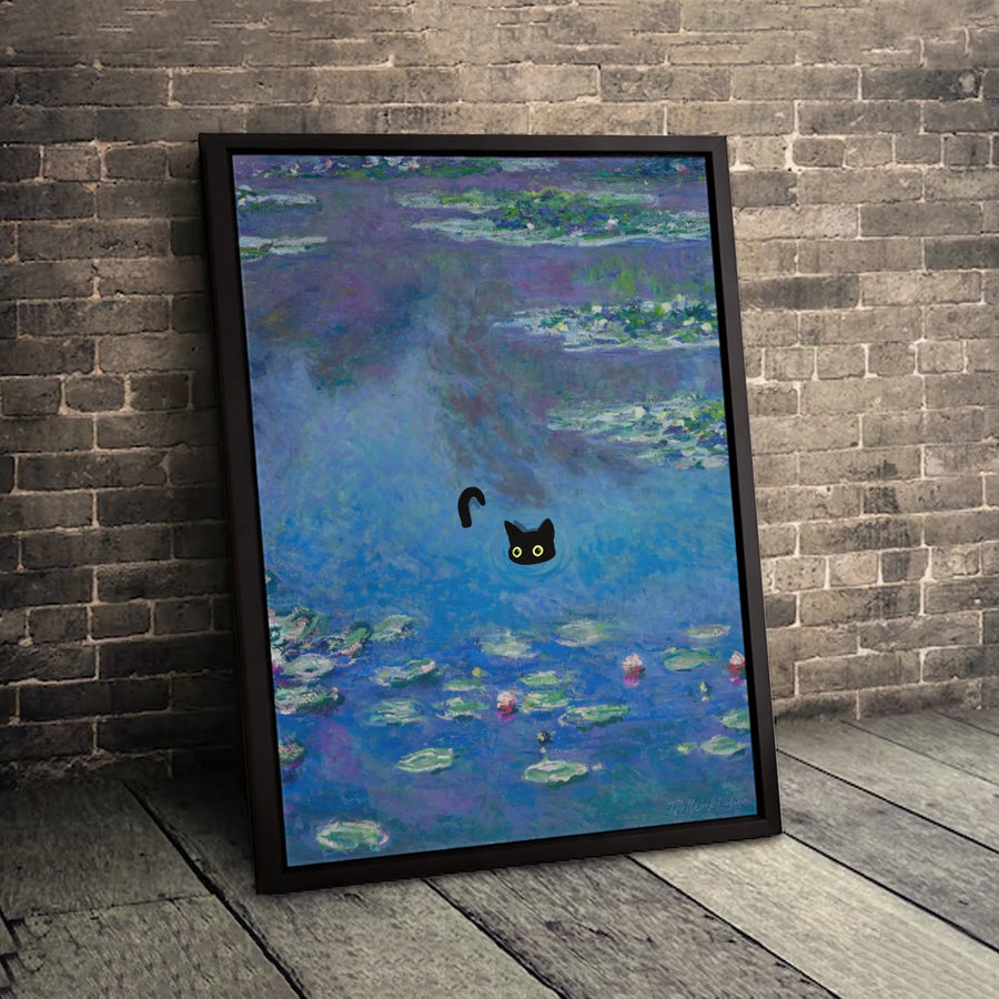 Black Cat Wall Art | Monet Water Lilies Impressionist Style | Gallery Quality Canvas Print | Whimsical Home Decor Gift for Cat Lovers