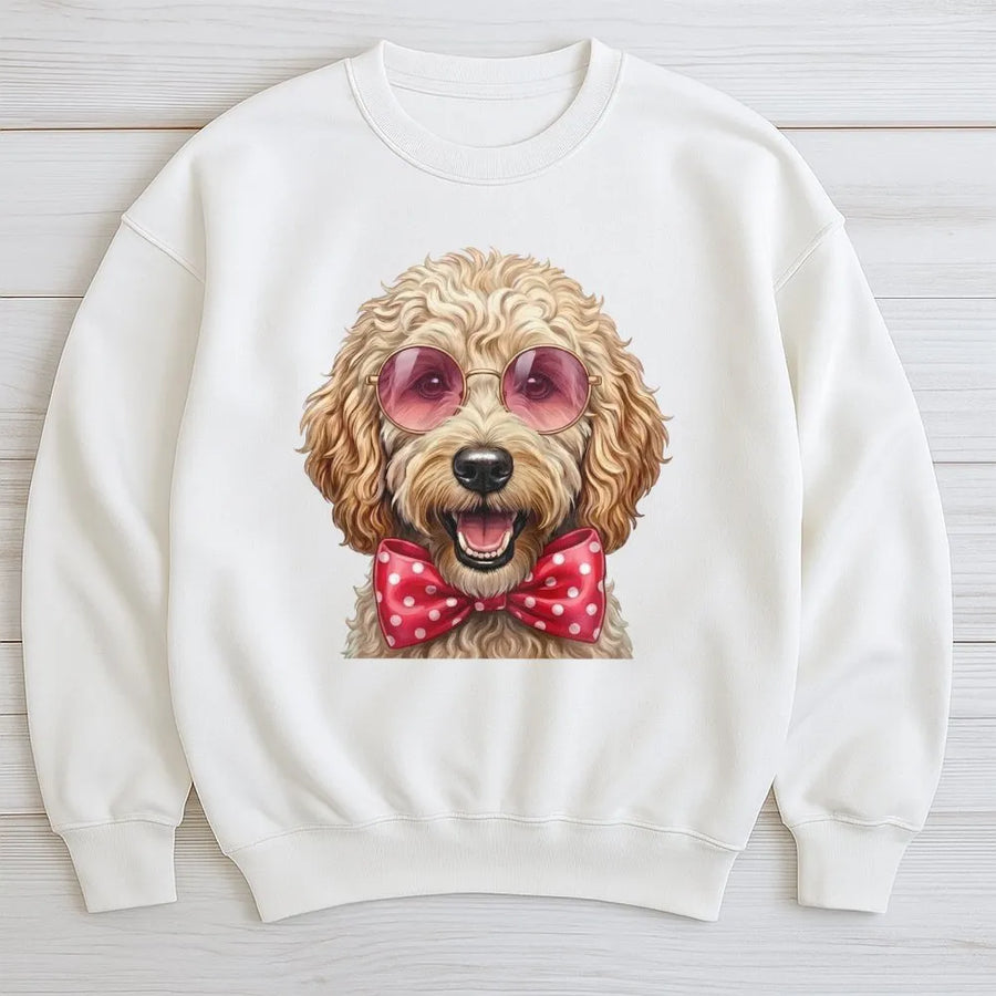 Goldendoodle Sweatshirt | Cute Dog With Pink Sunglasses and Bow Tie | Premium Cotton Blend | Gift for Doodle Mom or Dog Lover