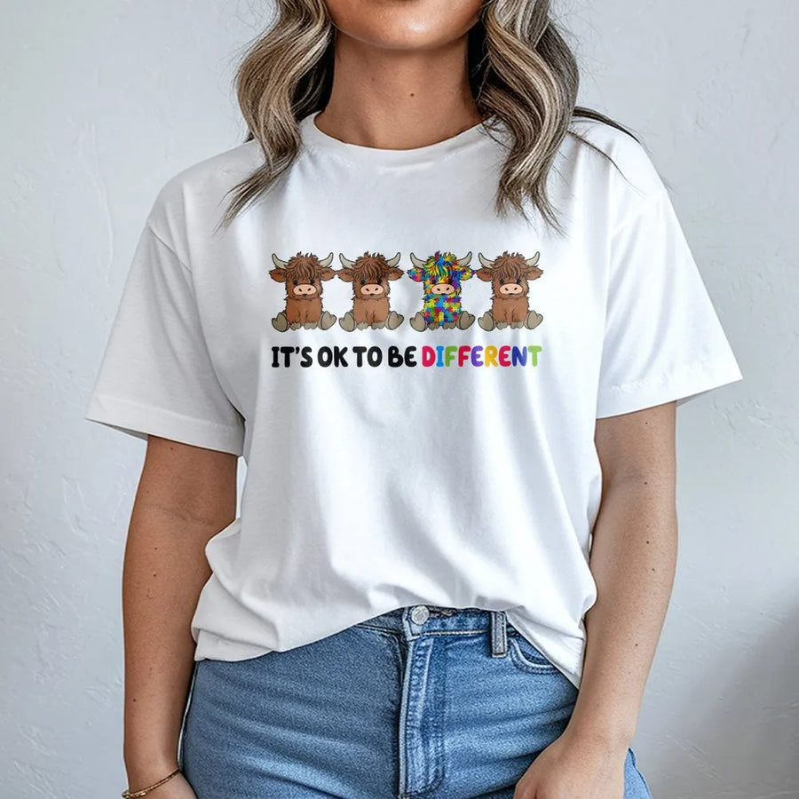 Autism Awareness T-Shirt | Highland Cow It's Ok To Be Different | Cozy Cotton Blend | Neurodiversity Support Gift for Adults