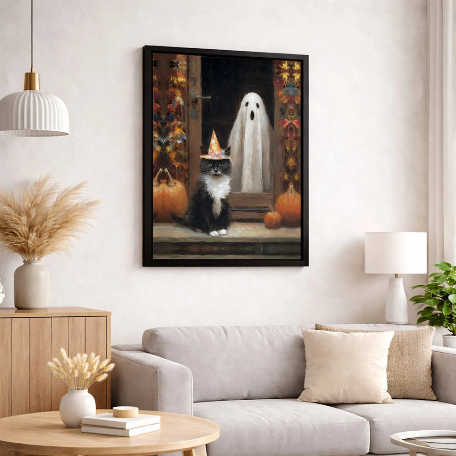 Halloween Black Cat Canvas Wall Art | Spooky Ghost and Pumpkin Oil Painting Style | 1.25 Inch Gallery Wrap | Festive Home Decor Gift