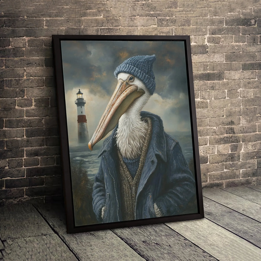 Pelican Fisherman Canvas Wall Art | Whimsical Nautical Lighthouse Portrait | Premium Gallery-Wrapped Print | Coastal Decor Gift for Sea Lovers