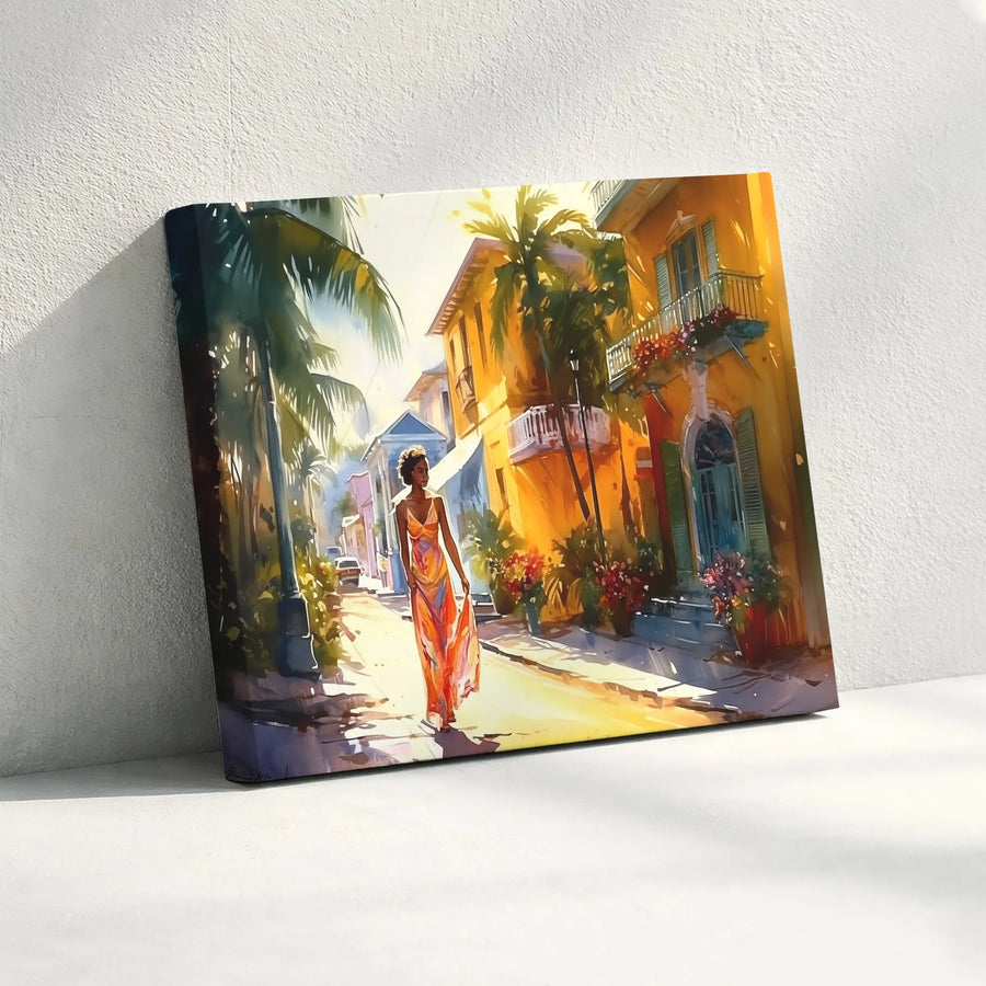 Caribbean Black Woman Art Canvas | Vibrant Tropical Town Watercolor Print | Premium Gallery Wrap Canvas | Modern Island Home Decor Gift