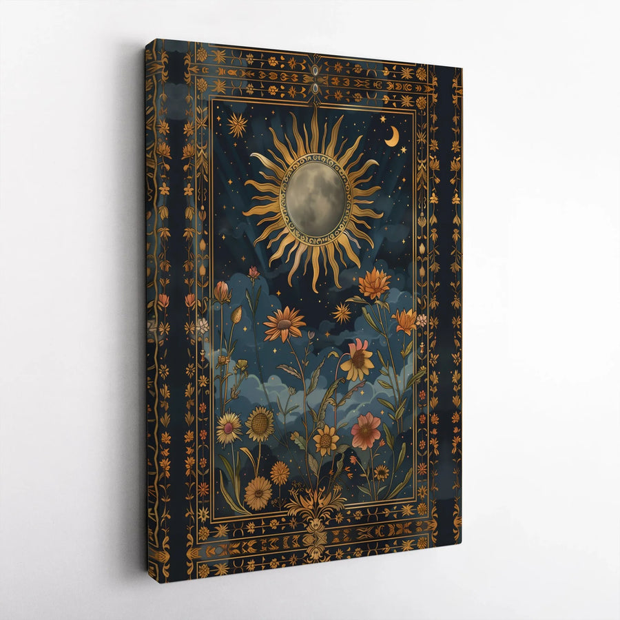Celestial Sun And Moon Canvas Art | Boho Wildflower Tarot Style Print | Premium Gallery Wrap Wall Decor | Spiritual Witchy Home Gift