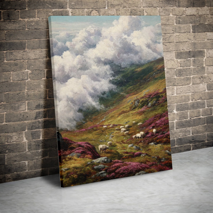 Vintage Sheep Painting Canvas Wall Art | Scottish Highlands Landscape with Heather | Premium Gallery Wrapped Canvas | Rustic Farmhouse Living Room Decor