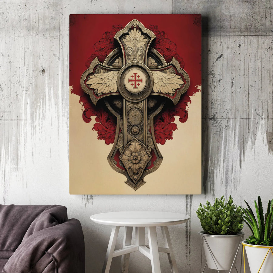 Jerusalem Cross Canvas Print | Ornate Winged Crusader Cross Art | Premium Gallery Wrapped Canvas | Christian Faith Wall Decor Gift