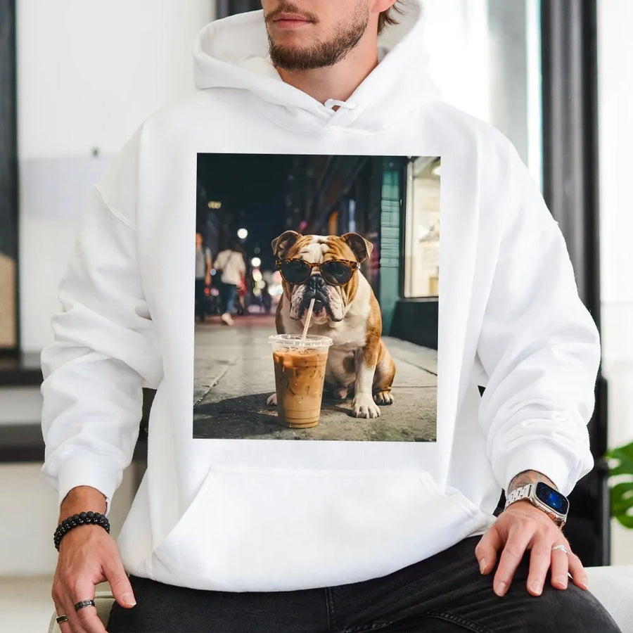 Funny Bulldog Hoodie | Dog Drinking Iced Coffee with Sunglasses | Premium Cotton Blend | Gift for Bulldog Owner & Dog Lovers