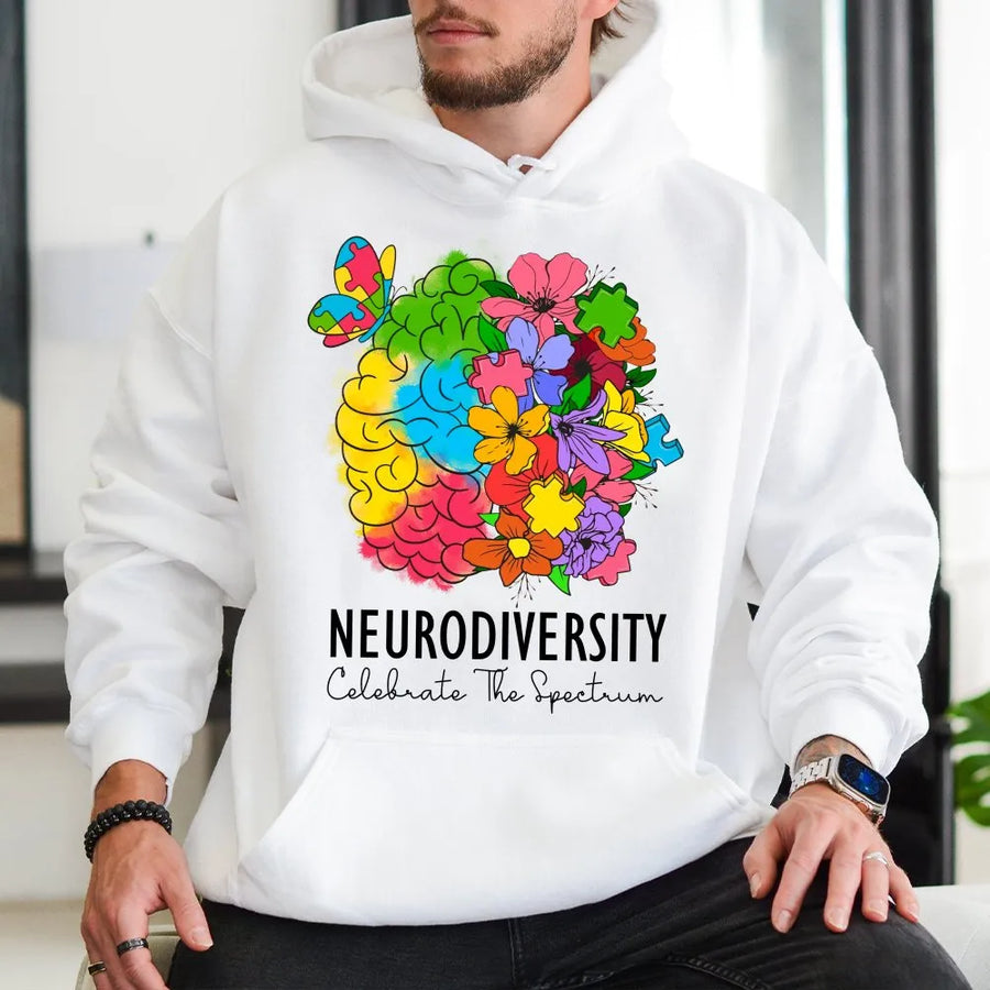 Neurodiversity Hoodie | Celebrate The Spectrum Floral Brain Graphic | Soft Cotton Blend Unisex Pullover | Premium Autism Awareness Gift