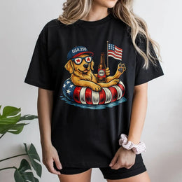 Patriotic Dog T-Shirt for 4th of July | Funny Golden Retriever with Beer & Flag | Soft Cotton Unisex Tee | Independence Day Gift for Dog Lovers