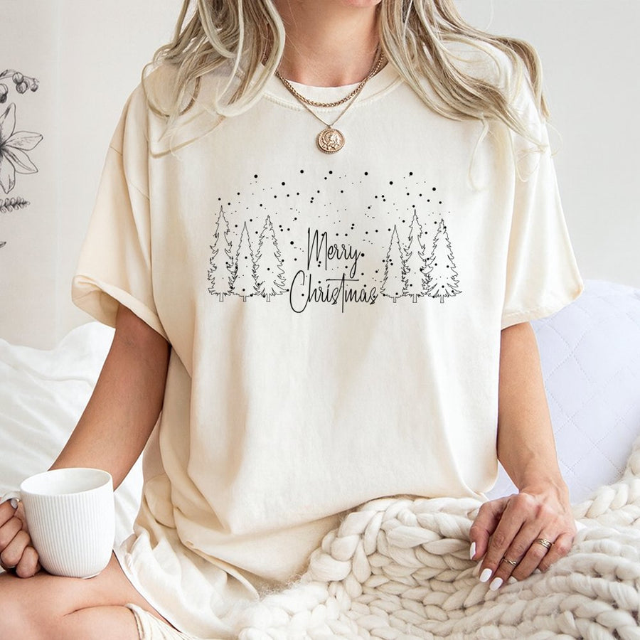 Merry Christmas Tree T-Shirt | Minimalist Winter Forest Graphic | Premium 100% Cotton | Festive Holiday Apparel Gift for Men and Women